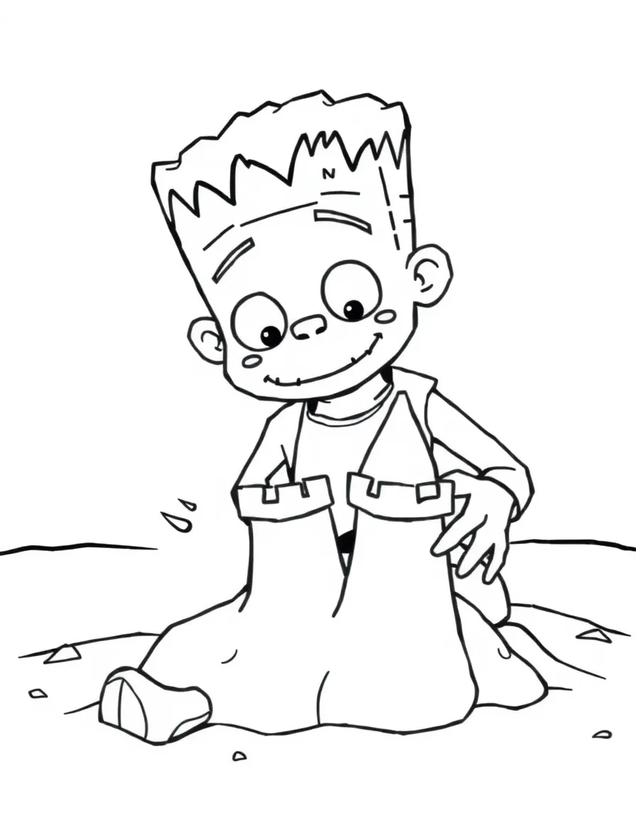 Cute cartoon Frankenstein's monster making a sandcastle coloring book page