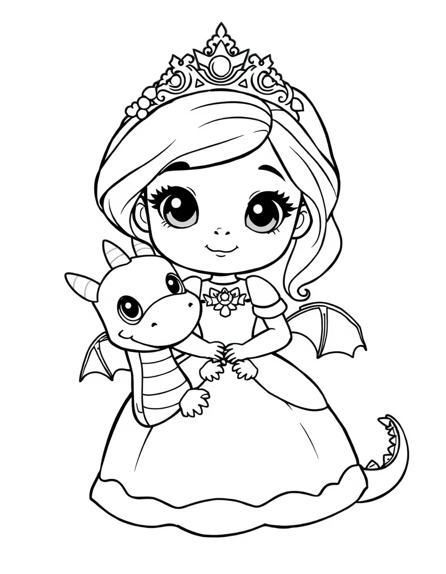 Cute cartoon princess with a pet dragon coloring book page