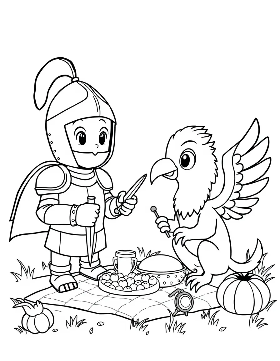 Cute cartoon knight sharing a picnic with a griffin coloring book page