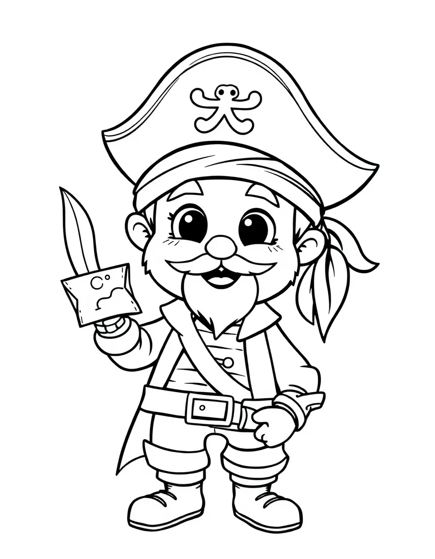 Cute cartoon pirate with a tiny treasure map coloring book page