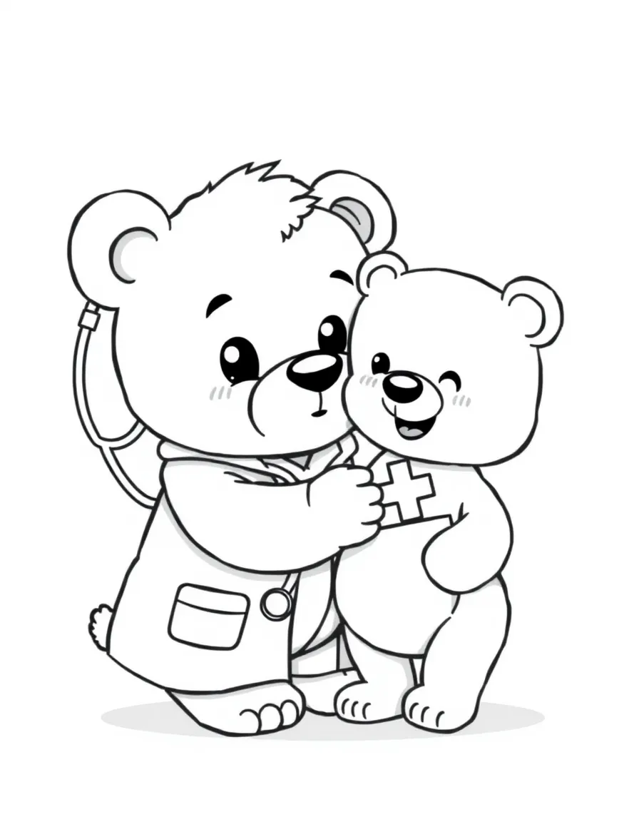 Cute cartoon doctor giving a bandage to a teddy bear coloring book page
