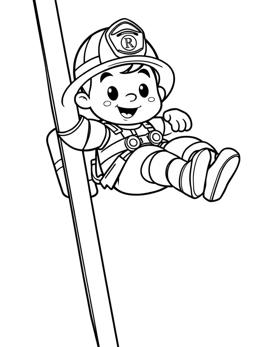 Cute cartoon firefighter sliding down a pole coloring book page