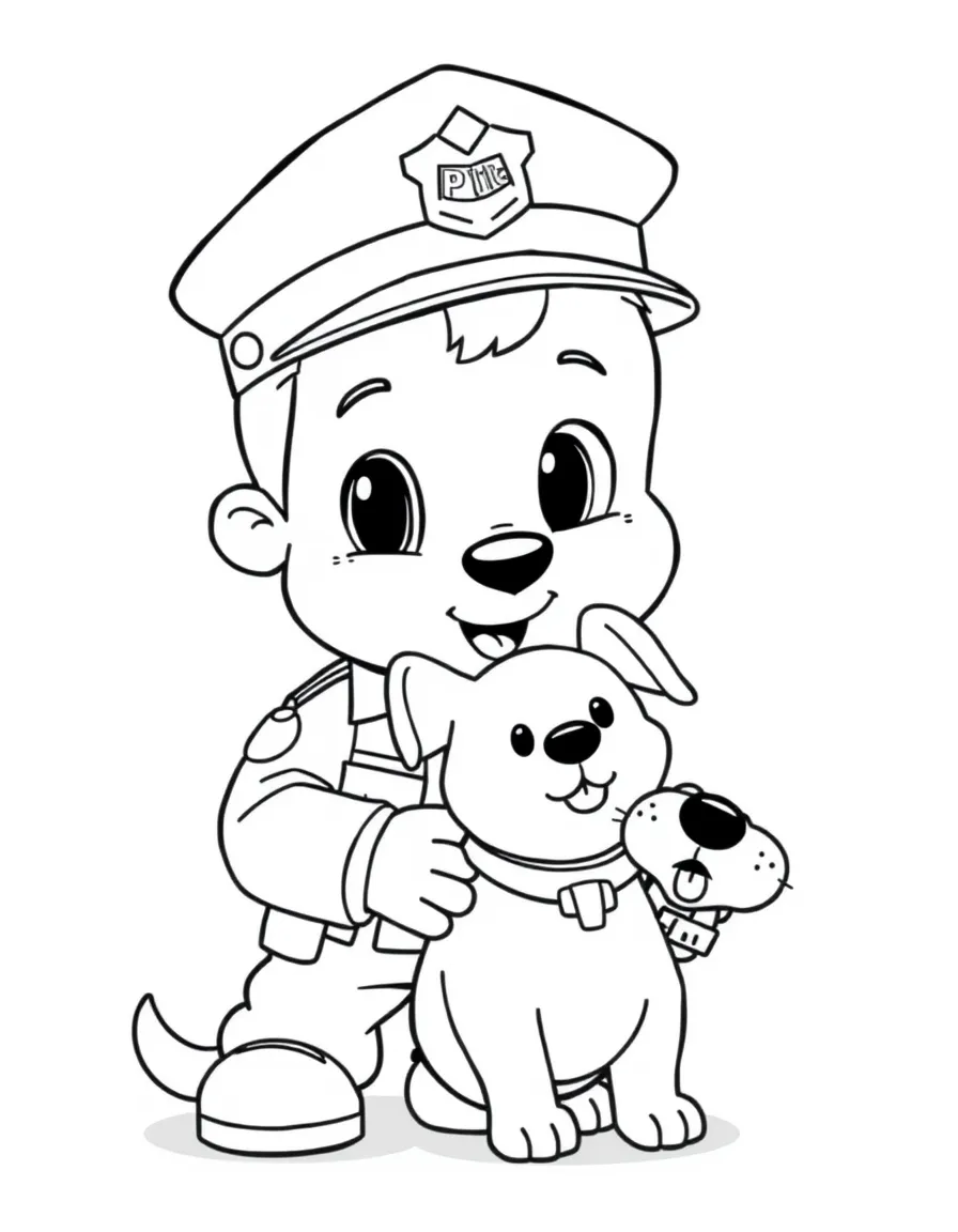 Cute cartoon police officer helping a lost dog coloring book page
