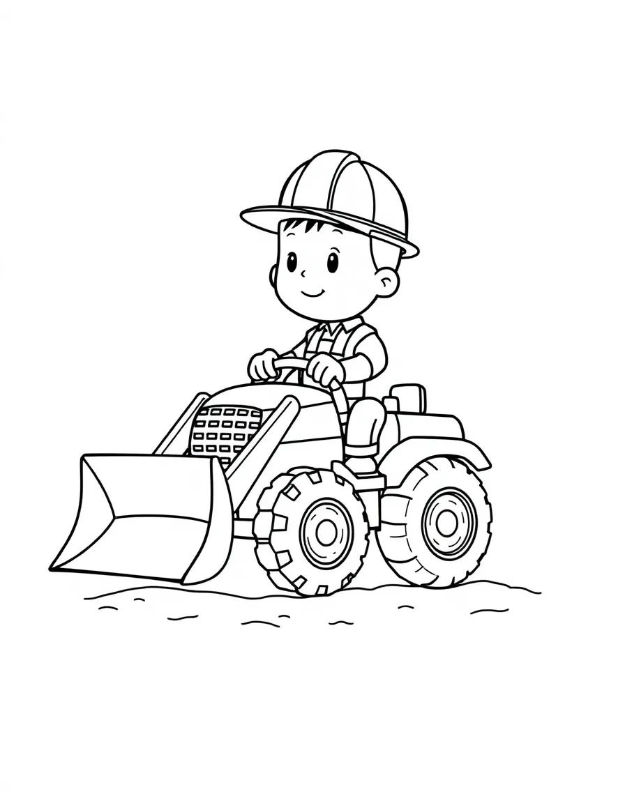 Cute cartoon construction worker driving a tiny bulldozer coloring book page