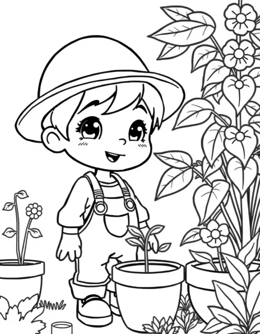 Cute cartoon gardener talking to plants coloring book page