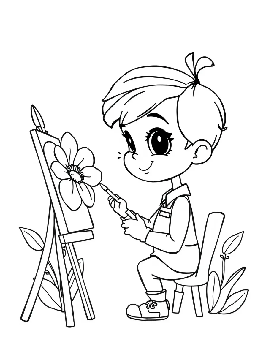Cute cartoon artist painting a portrait of a flower coloring book page