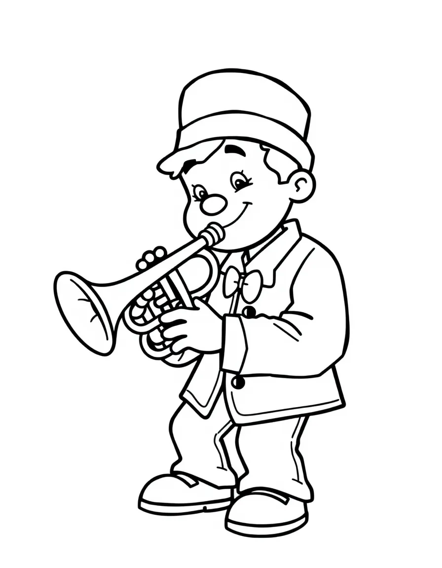 Cute cartoon musician playing a trumpet coloring book page