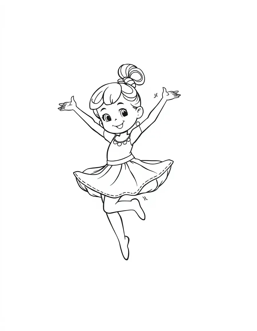 Cute cartoon dancer gracefully leaping coloring book page