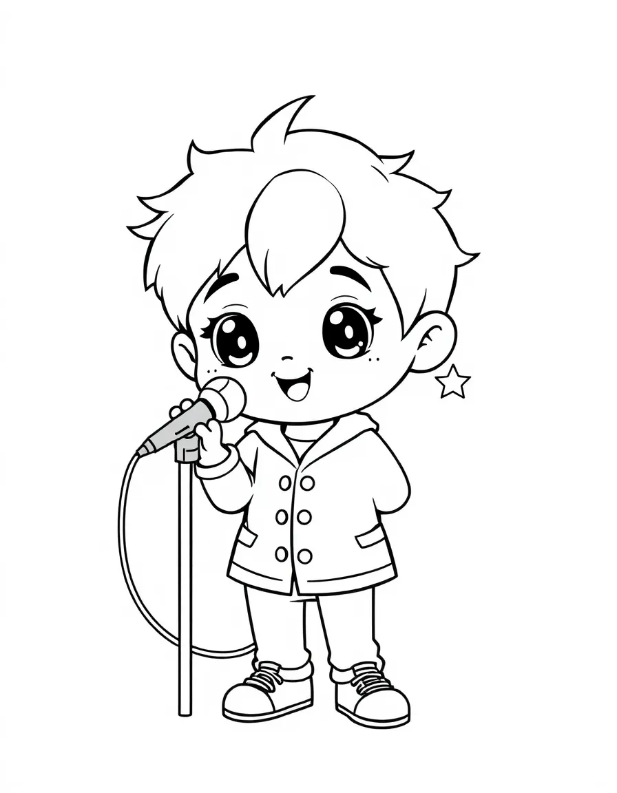 Cute cartoon singer holding a tiny stage light coloring book page