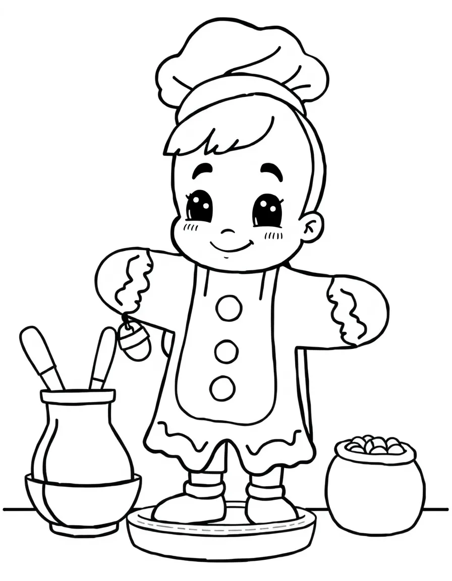 Cute cartoon baker making a giant gingerbread man coloring book page