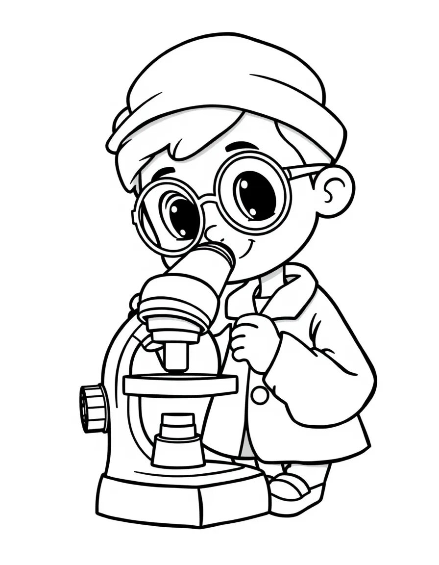 Cute cartoon scientist looking through a microscope coloring book page