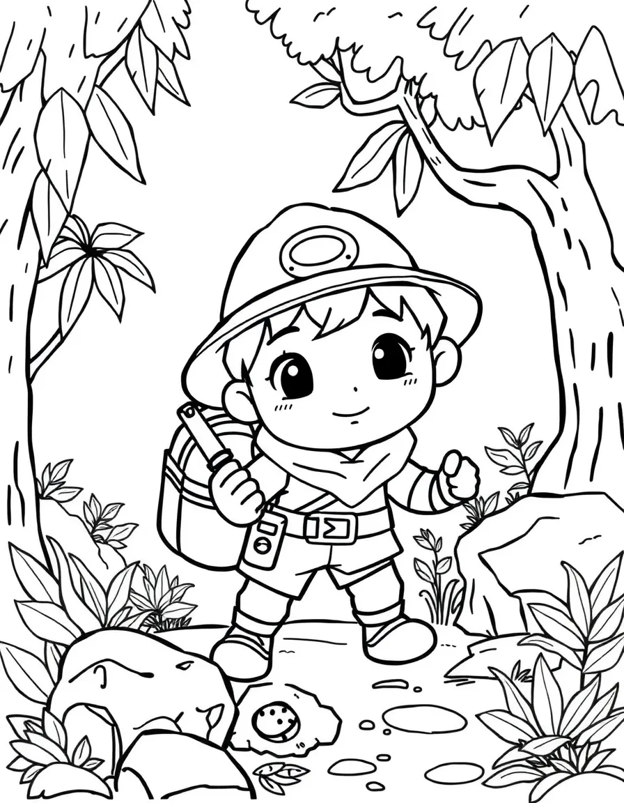 Cute cartoon explorer finding a forgotten treasure coloring book page