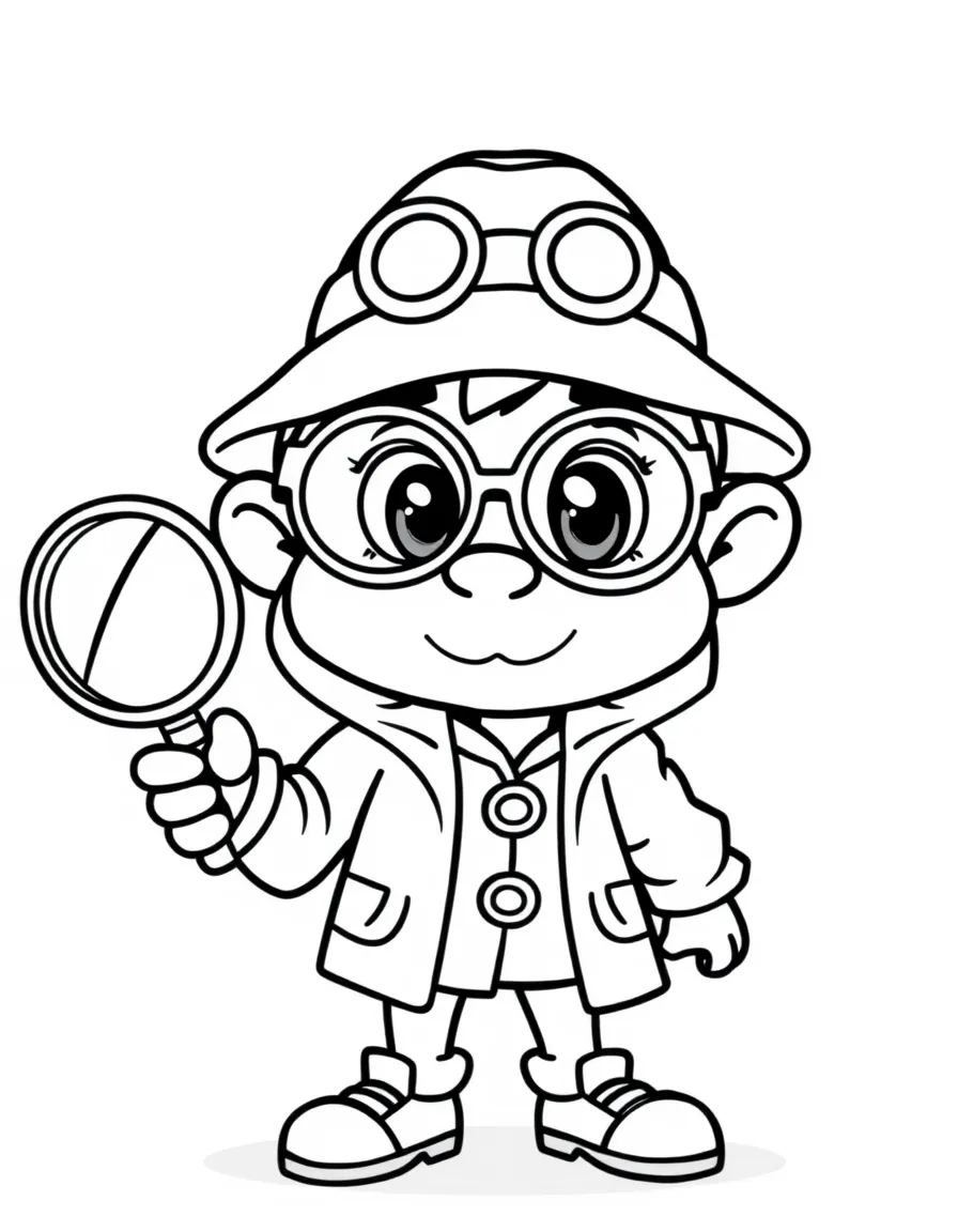 Cute cartoon detective with a magnifying glass coloring book page