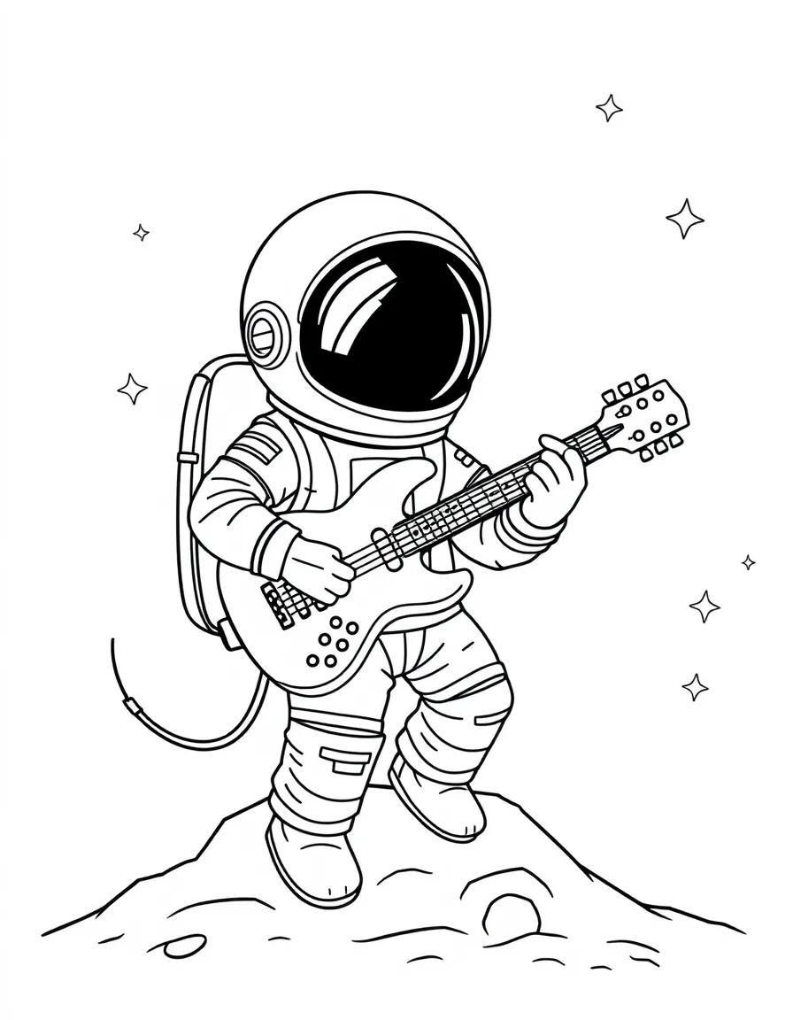 Cute cartoon astronaut playing guitar on the moon coloring book page