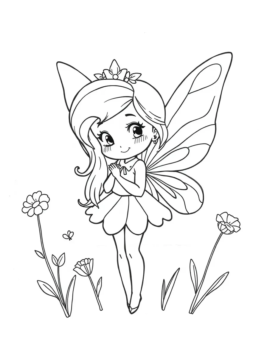 Cute cartoon fairy drawing in a sketchbook coloring book page