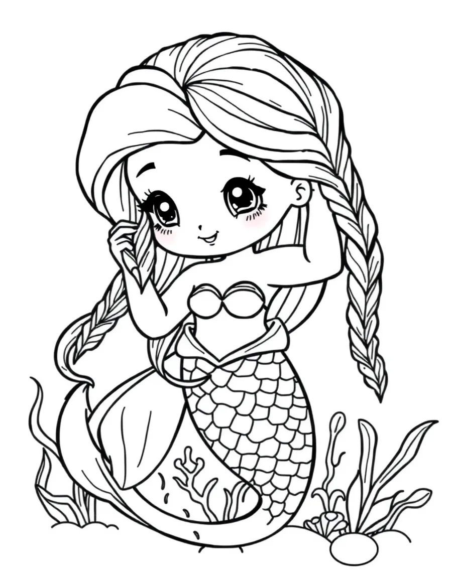 Cute cartoon mermaid braiding her hair with seaweed coloring book page