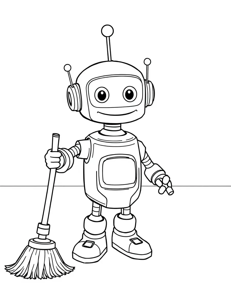 Cute cartoon robot sweeping the floor with a smile coloring book page