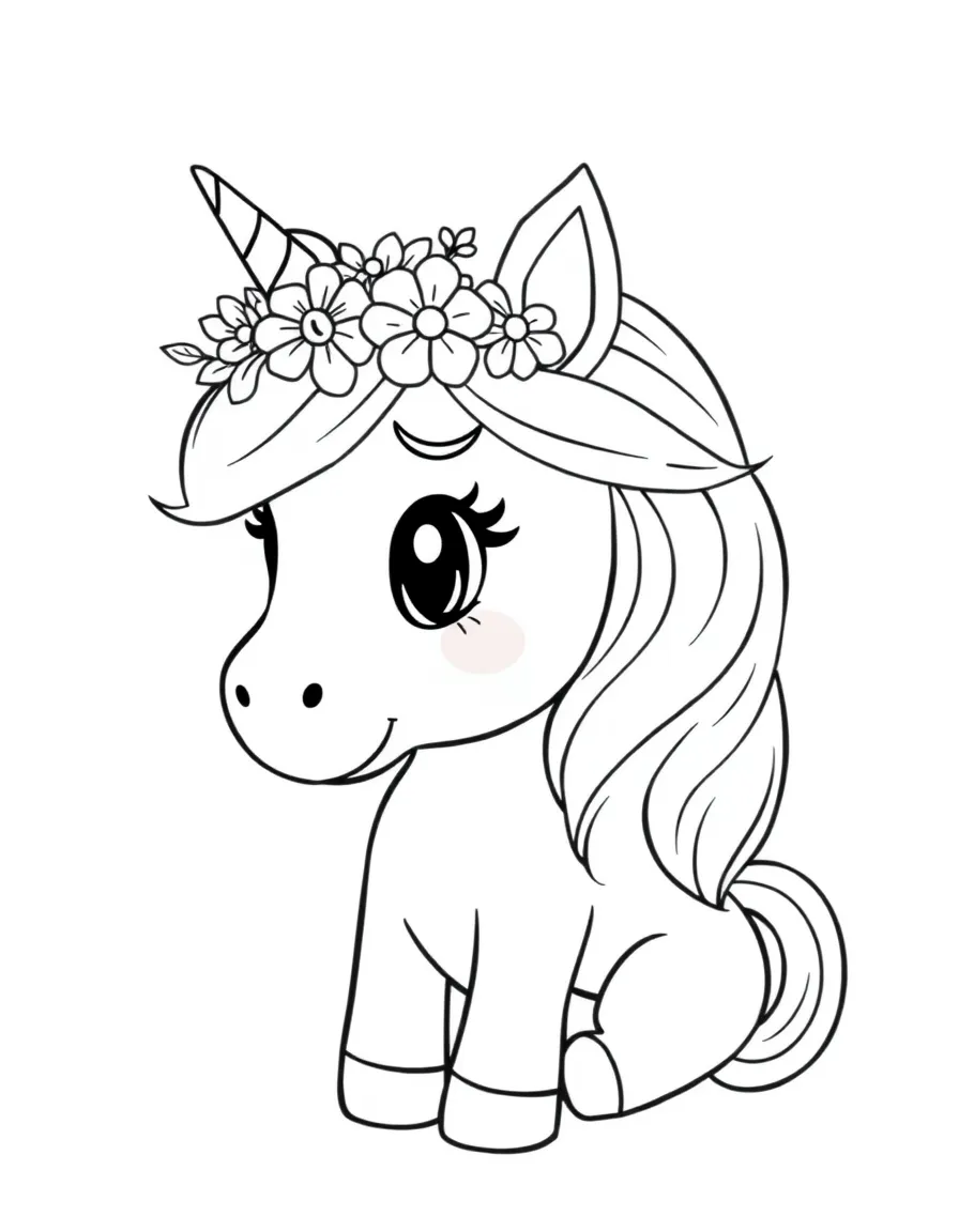 Cute cartoon unicorn wearing a tiny crown of flowers coloring book page