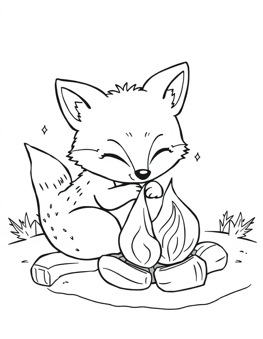 Cute cartoon fox curled up by a campfire coloring book page