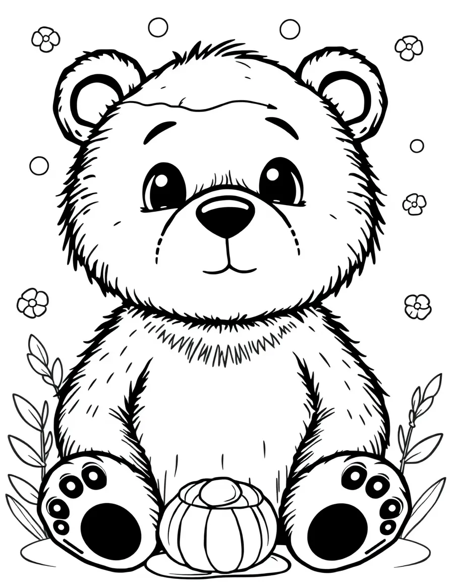Cute cartoon bear dreaming of honey coloring book page