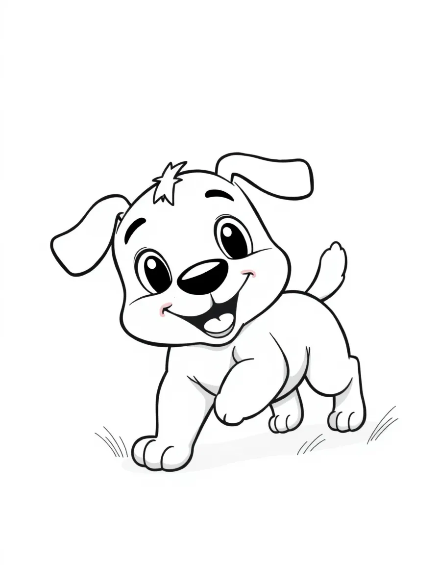 Cute cartoon dog chasing its tail coloring book page