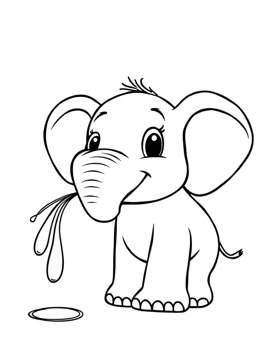 Cute cartoon elephant spraying water from its trunk coloring book page