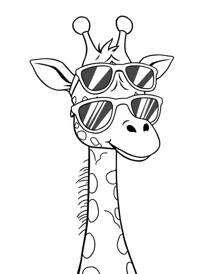 Cute cartoon giraffe wearing sunglasses coloring book page