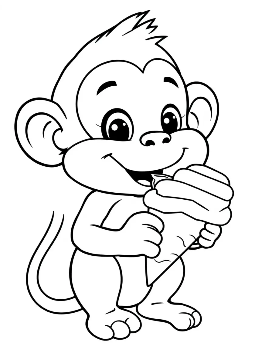 Cute cartoon monkey eating ice cream coloring book page