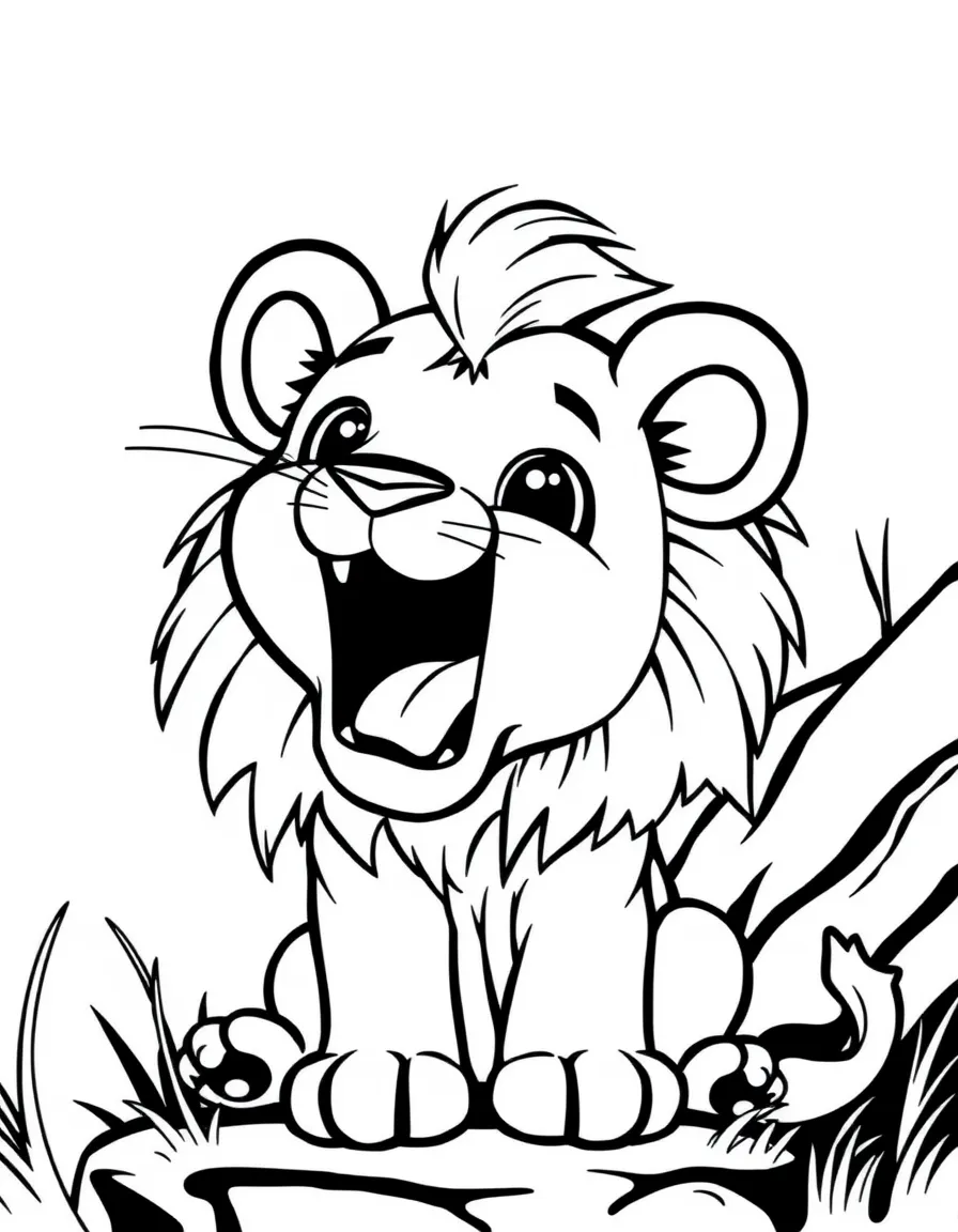 Cute cartoon lion cub yawning widely coloring book page