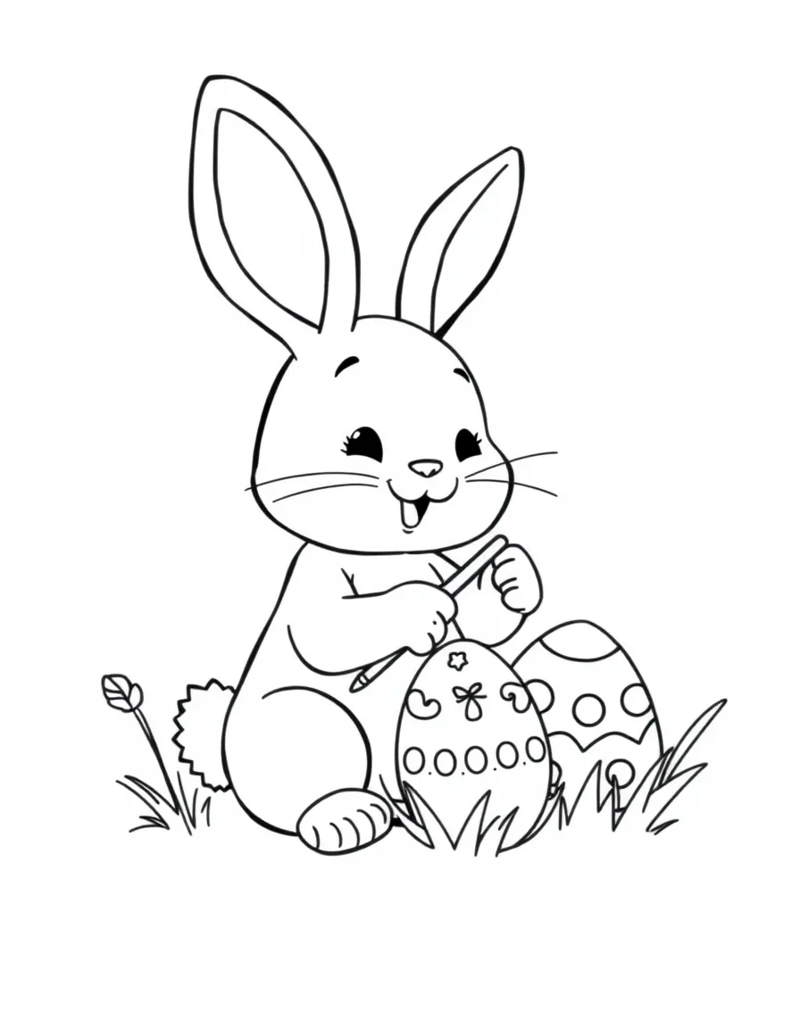 Cute cartoon bunny painting easter eggs coloring book page