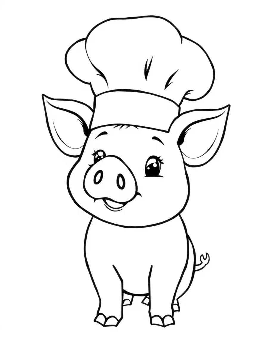 Cute cartoon pig wearing a chef's hat coloring book page