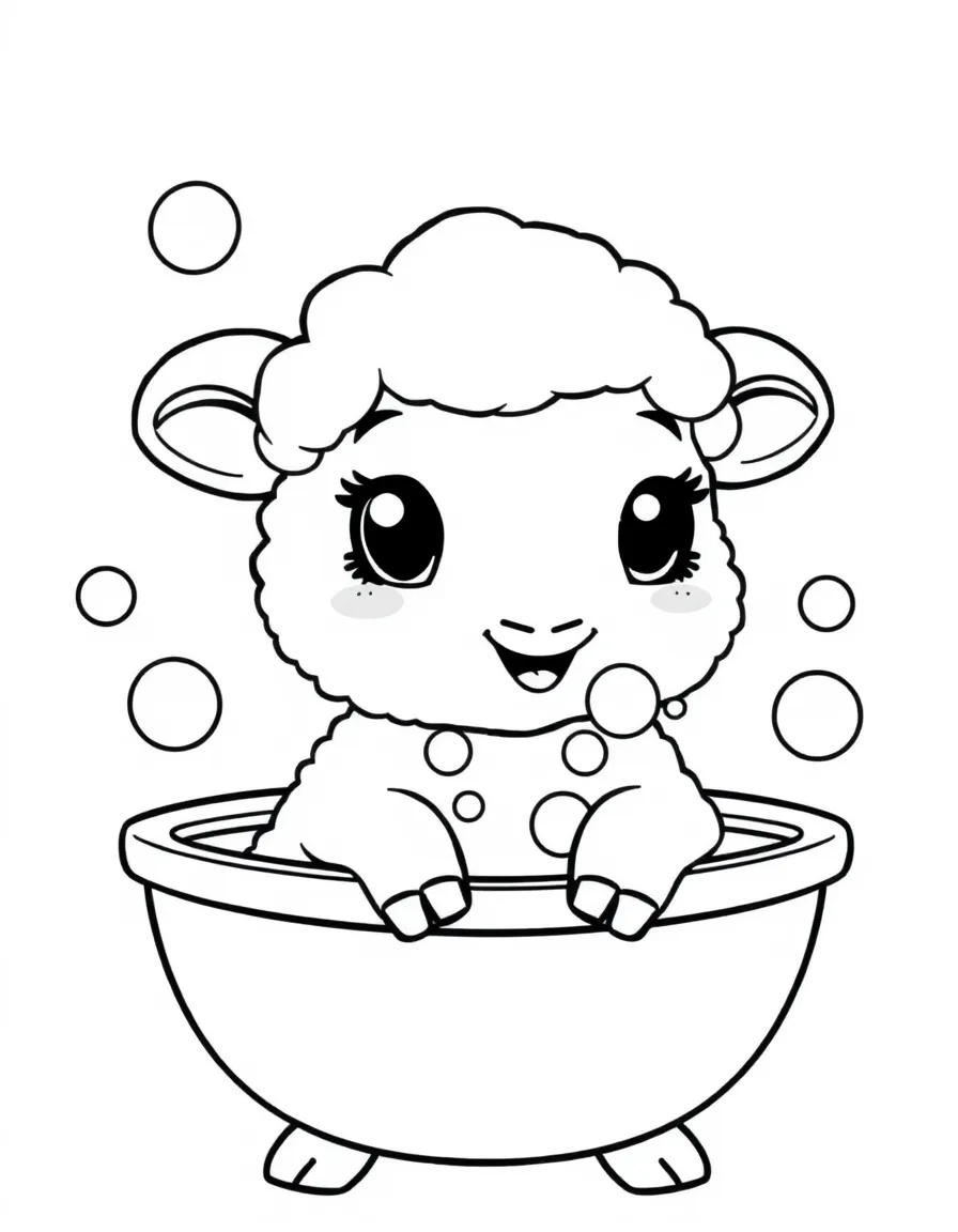 Cute cartoon sheep having a bubble bath coloring book page