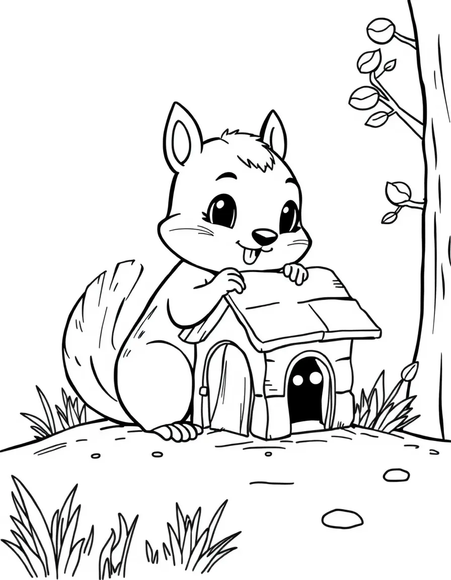 Cute cartoon squirrel building a tiny house coloring book page
