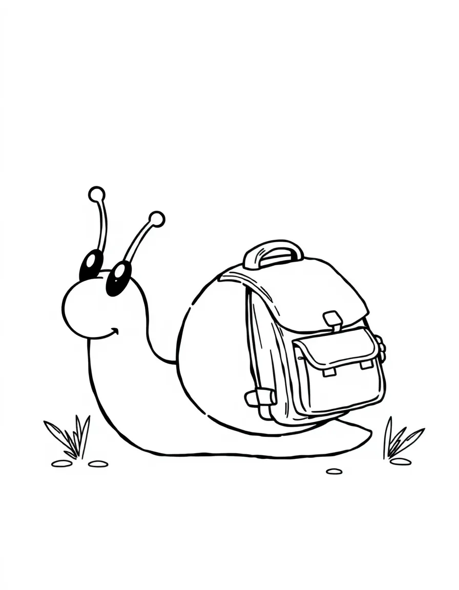 Cute cartoon snail with a tiny backpack coloring book page
