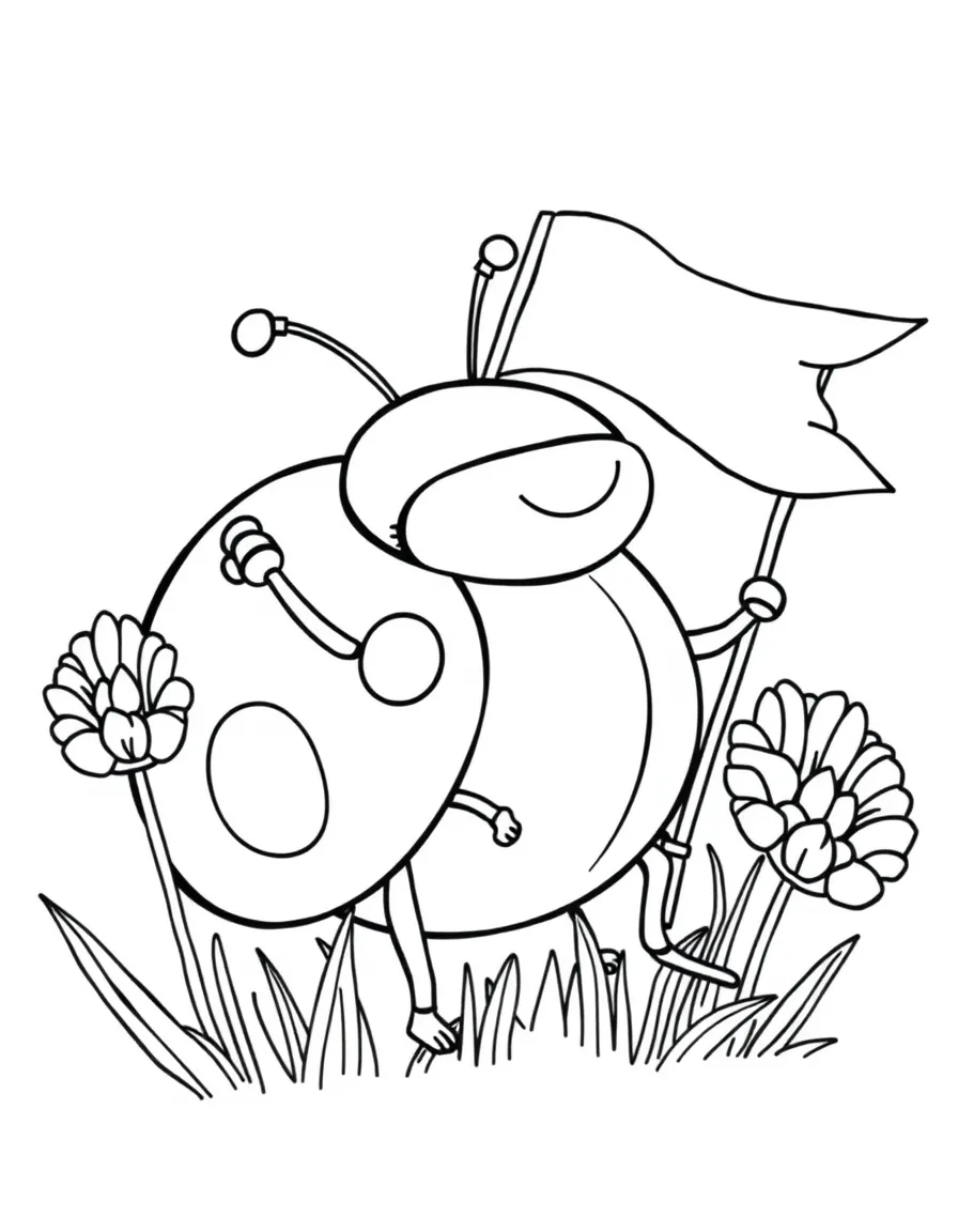 Cute cartoon ladybug waving a tiny flag coloring book page