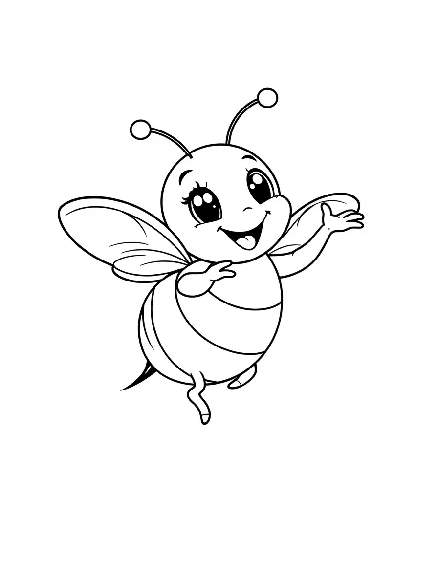 Cute cartoon bee doing a happy dance coloring book page