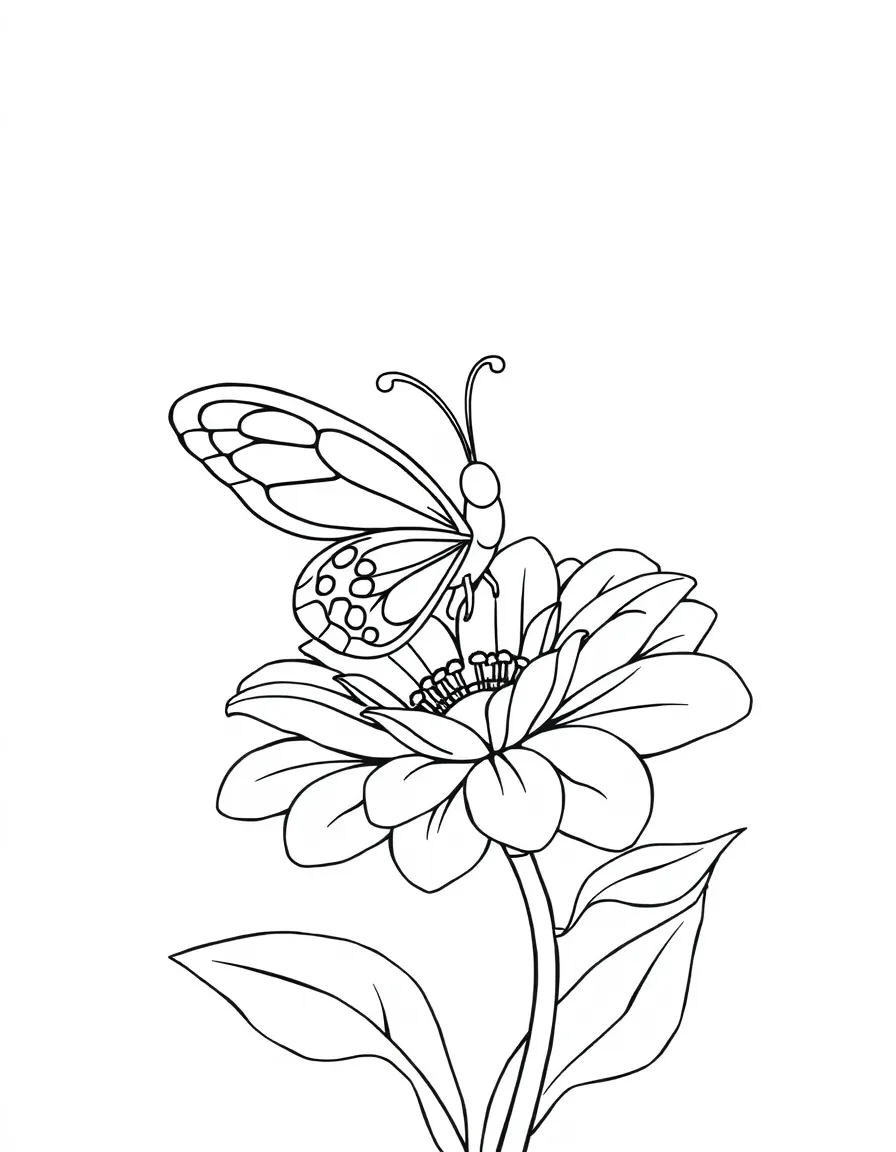 Cute cartoon butterfly landing on a giant flower coloring book page