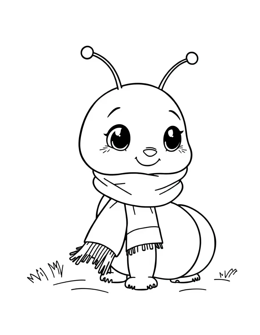 Cute cartoon caterpillar wearing a tiny scarf coloring book page