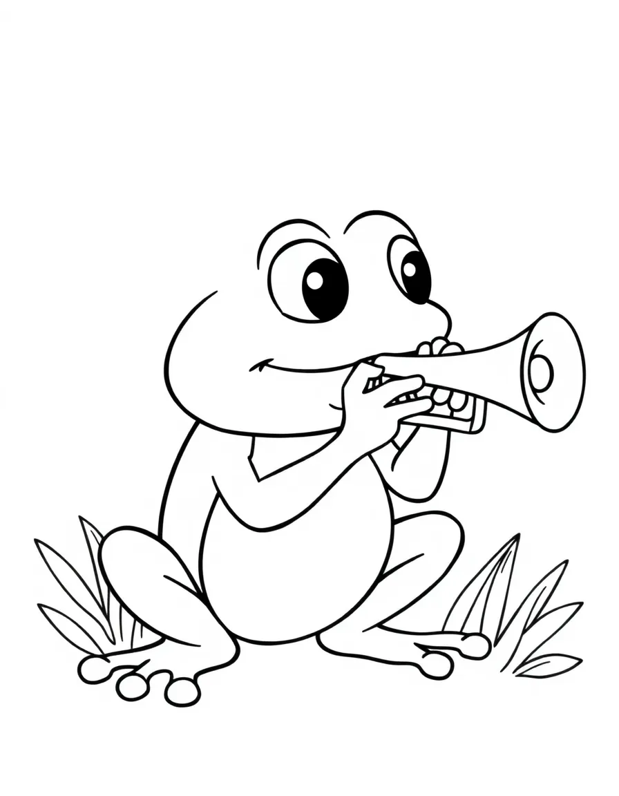 Cute cartoon frog blowing a tiny trumpet coloring book page
