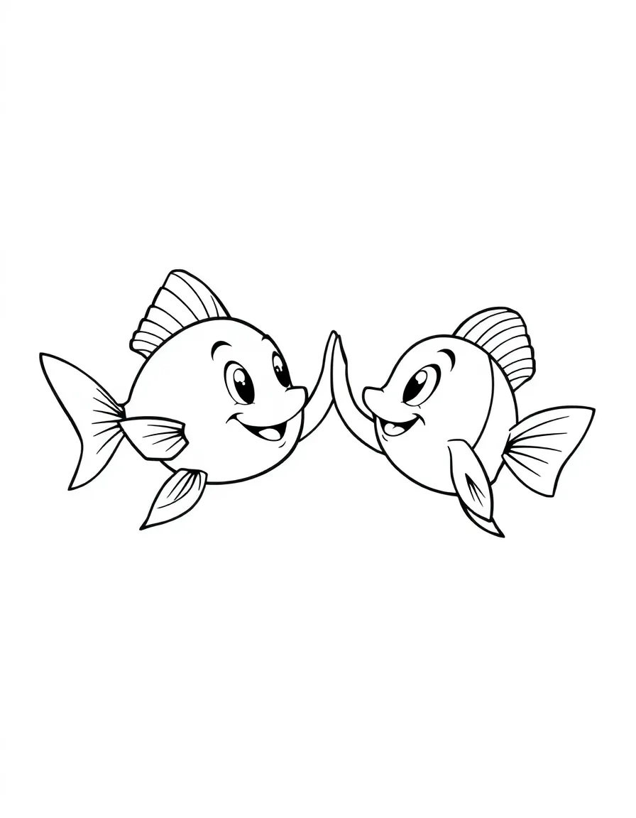 Cute cartoon fish giving a high-five to another fish coloring book page