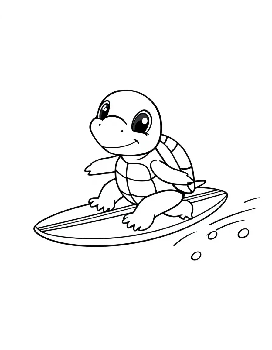 Cute cartoon turtle riding a surfboard coloring book page