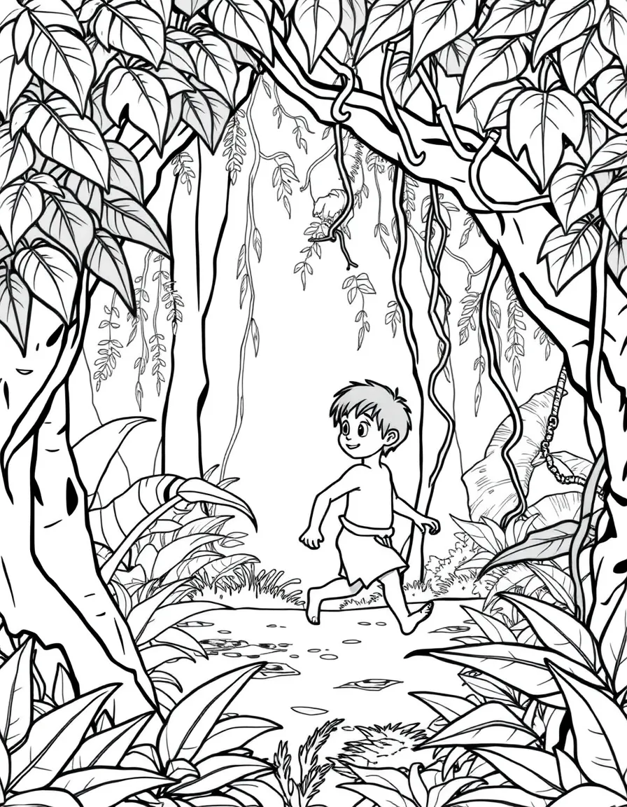 (The Jungle Book) Mowgli walking through the jungle with trees and vines around him
