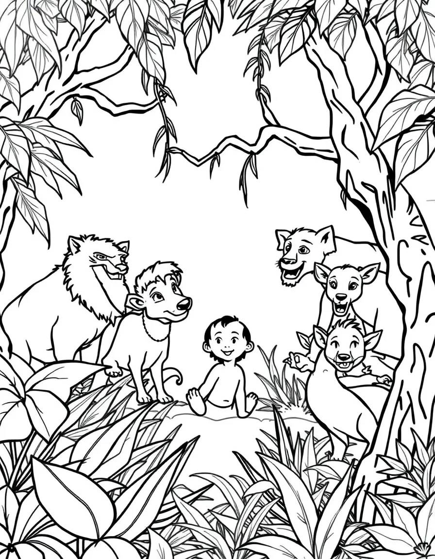 (The Jungle Book) Jungle animals gathered around Mowgli