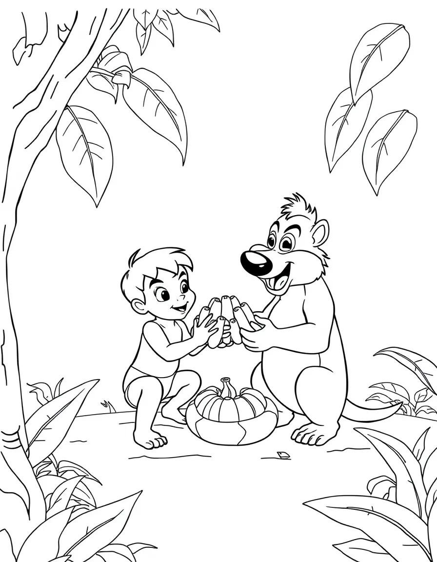 (The Jungle Book) Mowgli and Baloo collecting bananas and fruit