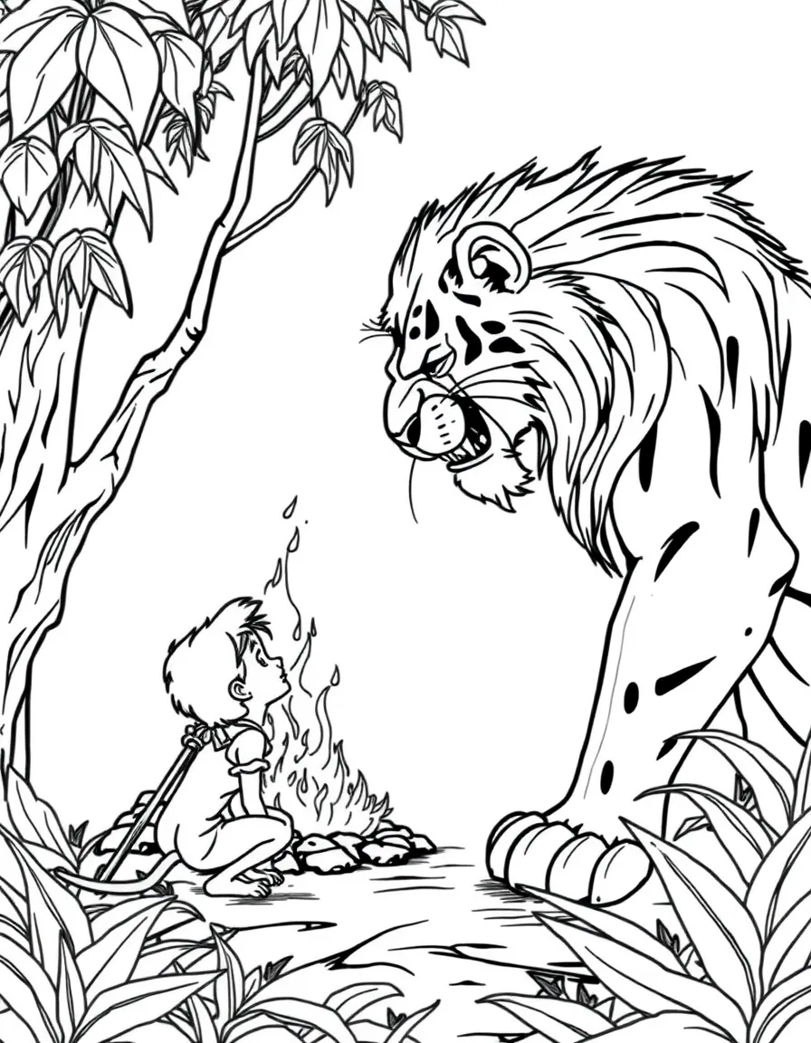 (The Jungle Book) Shere Khan facing off with Mowgli near a fire