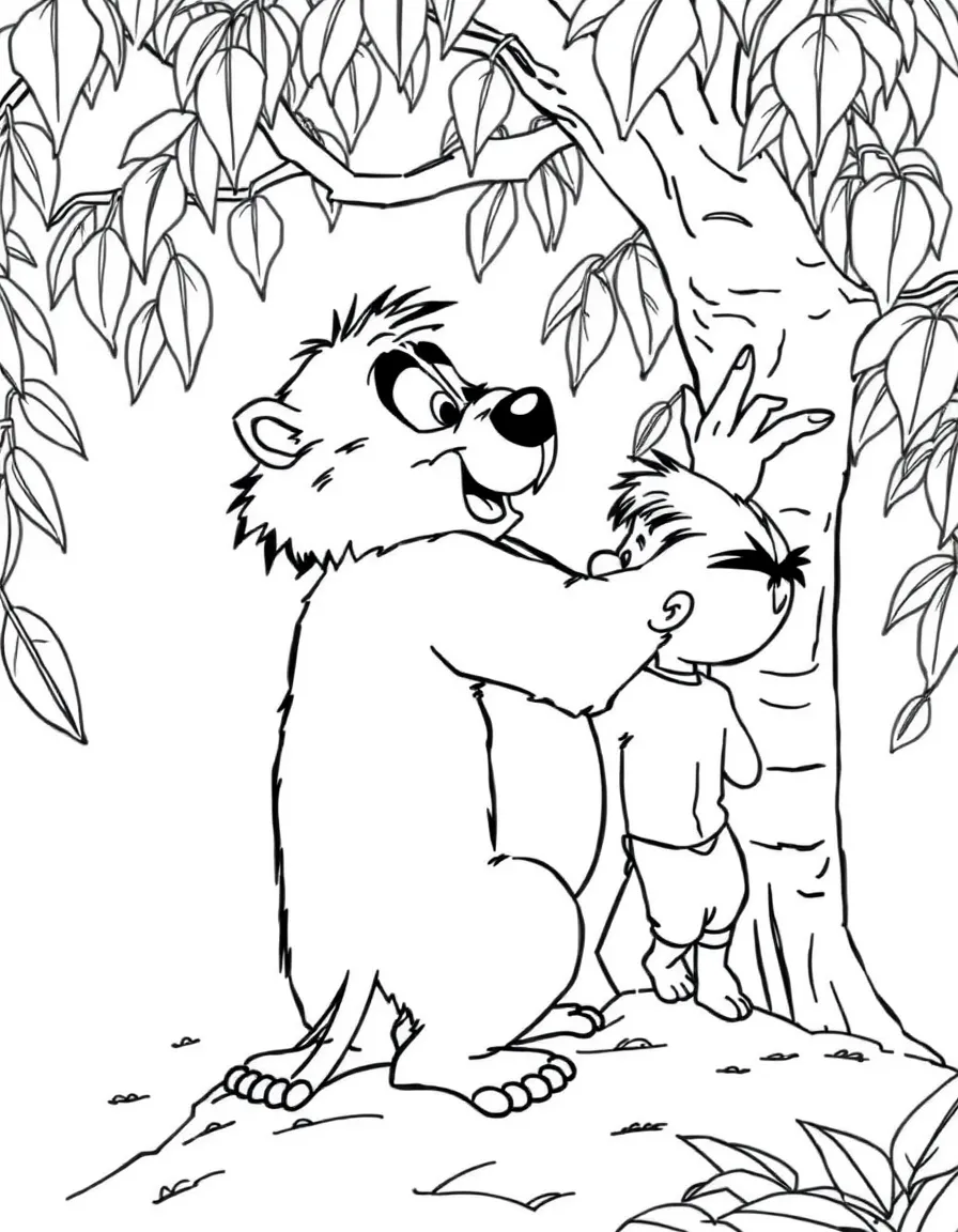 (The Jungle Book) Baloo teaching Mowgli how to scratch his back on a tree