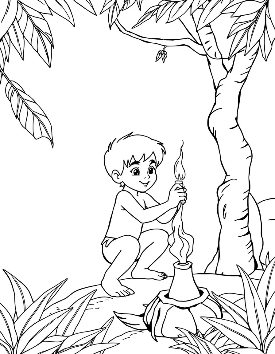 (The Jungle Book) Mowgli building a torch to protect himself