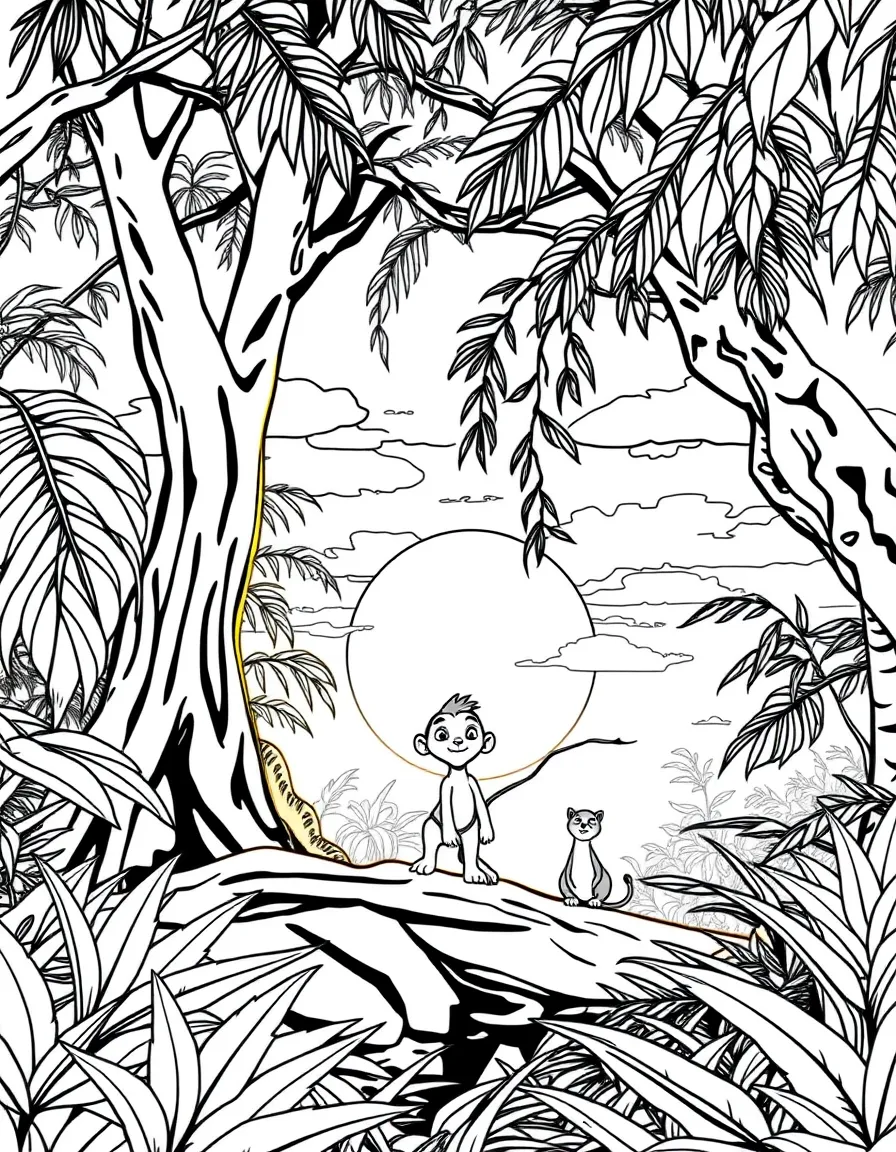 (The Jungle Book) A peaceful jungle sunset with Mowgli and his friends watching