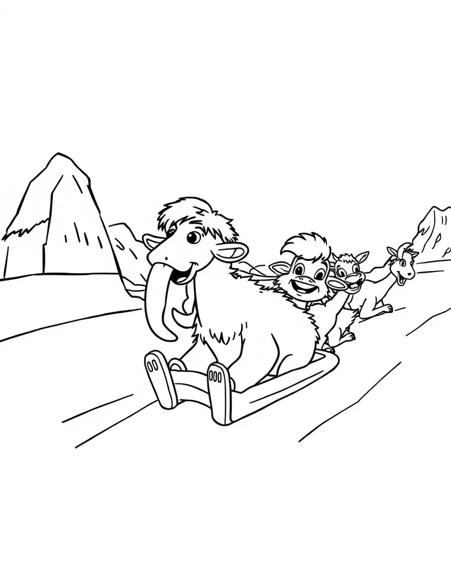 (Ice Age) The herd sliding down a snowy hill