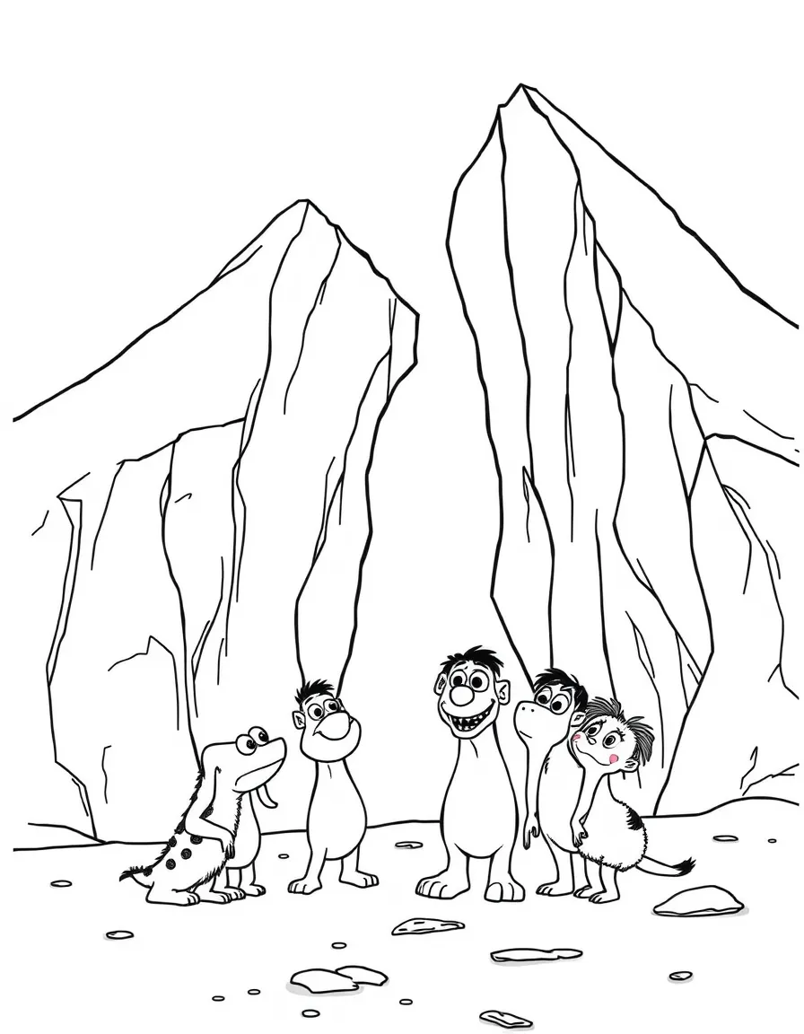 (Ice Age) A glacier cracking open with characters looking surprised